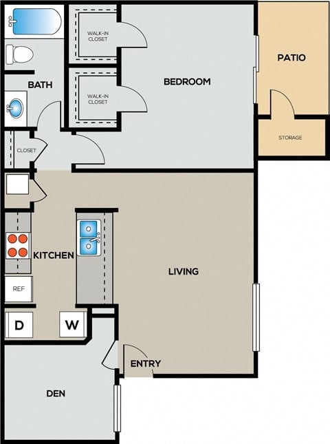 Floor plan for 1 bed, 1 bath, 764 sqft